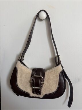 Chocolate Brown Leather Shoulder Bag with Cream Shearling Trim